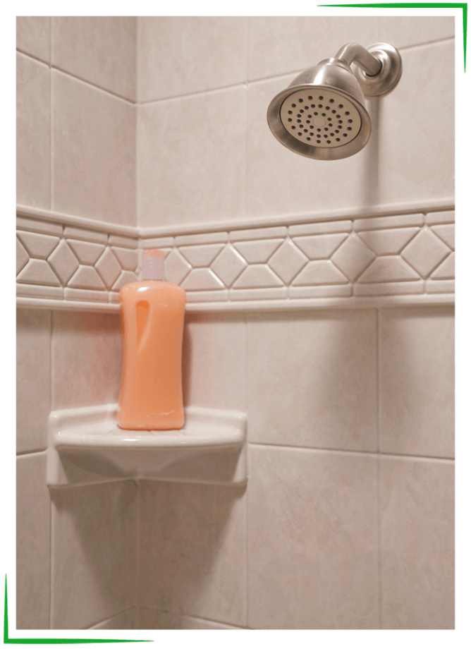 Bath Accessories - Missouri Bath & Window - Springfield, Missouri Shower with cream tiles, a border, shelf, and silver showerhead.