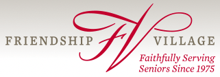 The logo for friendship village faithfully serving seniors since 1975