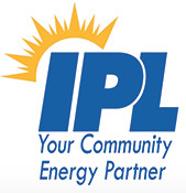 A blue and yellow logo for ipl your community energy partner