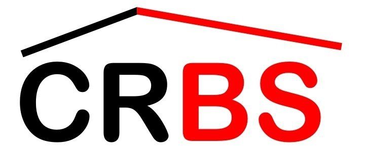 The crbs logo is black and red with a red roof.