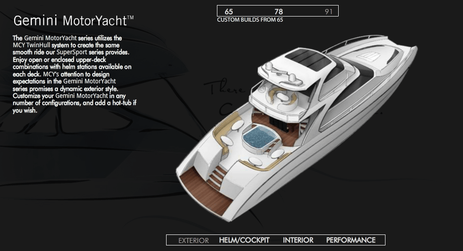 A gemini motor yacht is shown on a black background