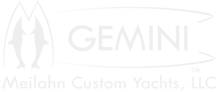 A white logo for gemini meilahn custom yachts llc on a white background.