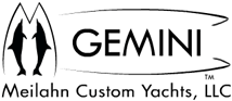 A black and white logo for gemini meilahn custom yachts , llc.