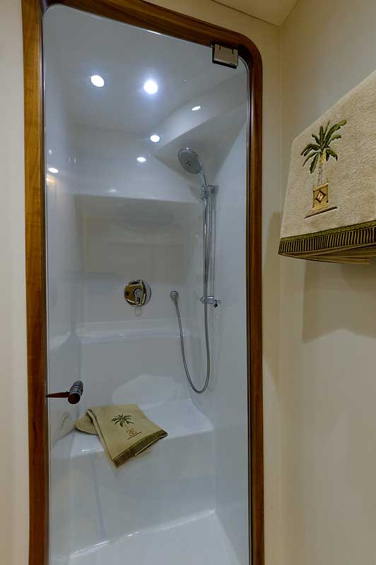 A bathroom with a shower and a towel hanging on the wall.