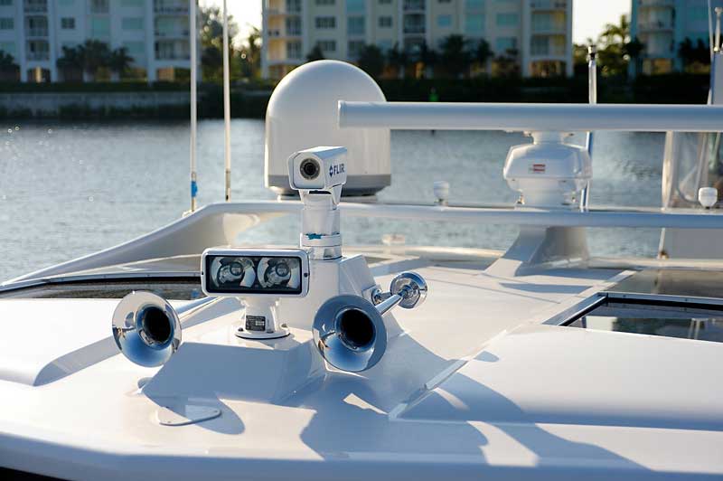 A boat with two horns and a camera on it