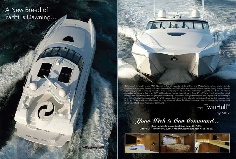 An advertisement for a new breed of yachts is shown