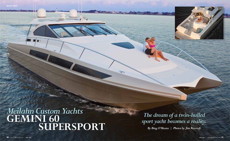 A woman is sitting on the deck of a boat called the gemini 60 supersport
