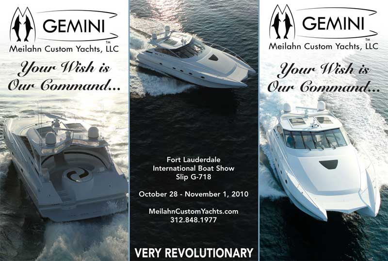 A brochure for gemini custom yachts shows two boats in the water
