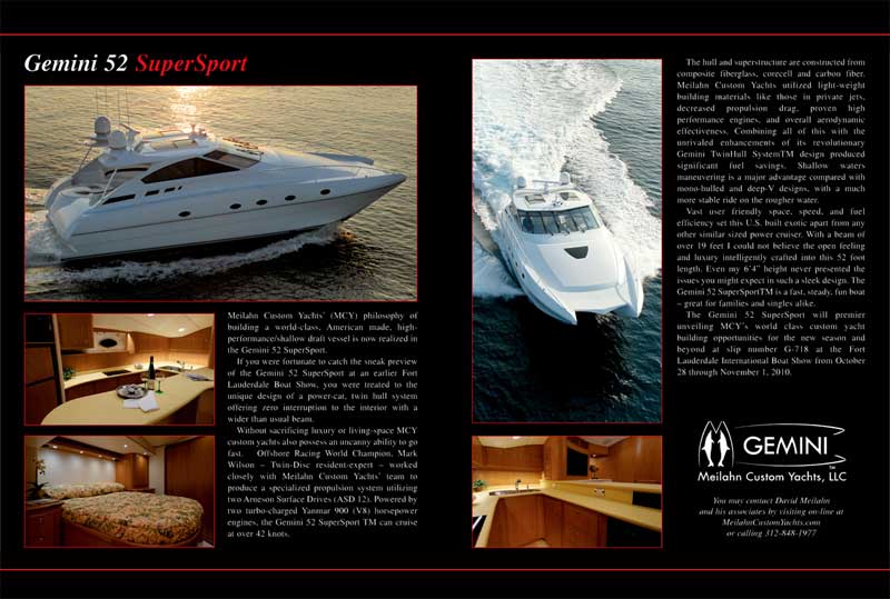 An advertisement for a boat called the gemini 52 supersport