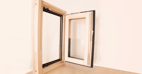 Finestra piccola in legno aperta
