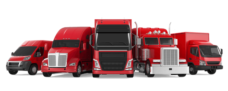 A group of red trucks and vans are lined up in a row on a white background.