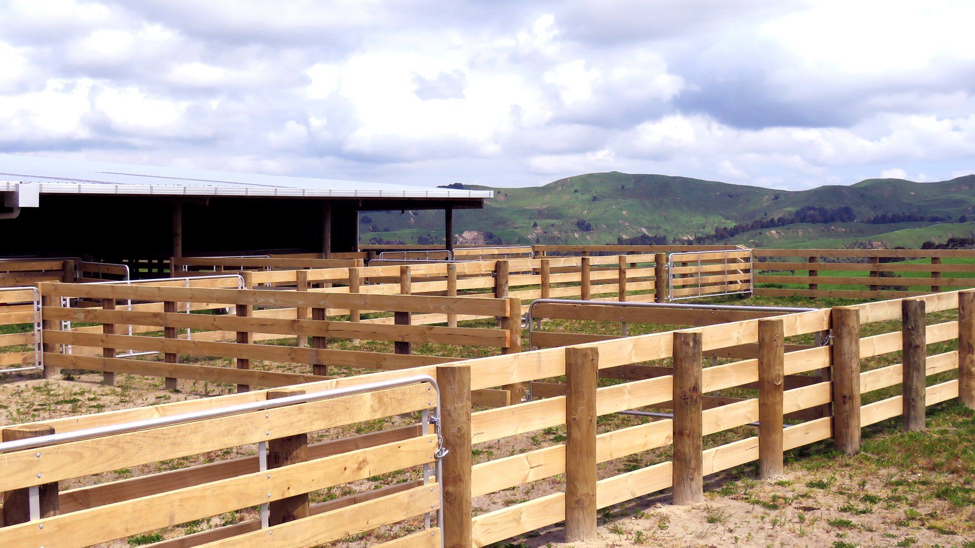 A series of wooden post-and-rail fences enclose several outdoor pens, with a large shelter and rolling hills in the back.