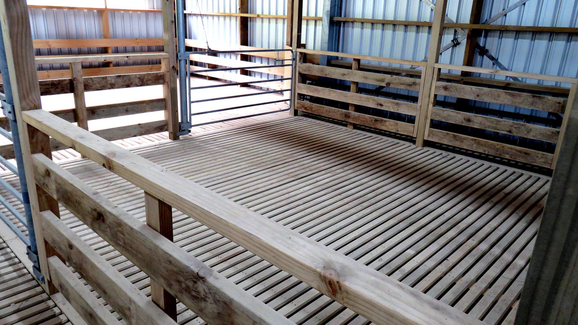 A wooden livestock stall with a slatted floor and gated walls inside a barn.