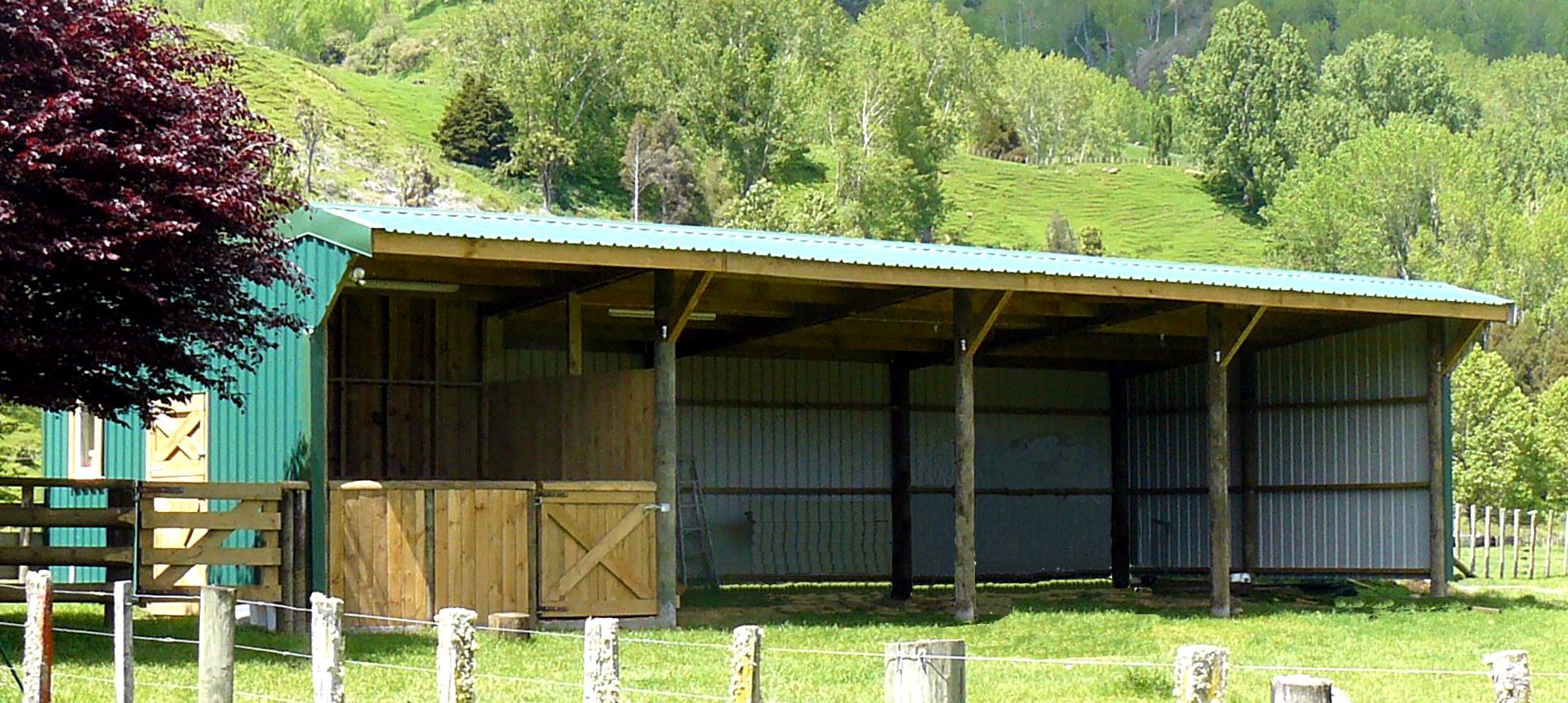 A green-roofed pole barn with corrugated metal walls and wooden stall doors, situated in a grassy, tree-lined field.