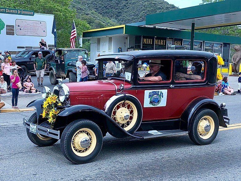 old classic car driving through butterfly parade