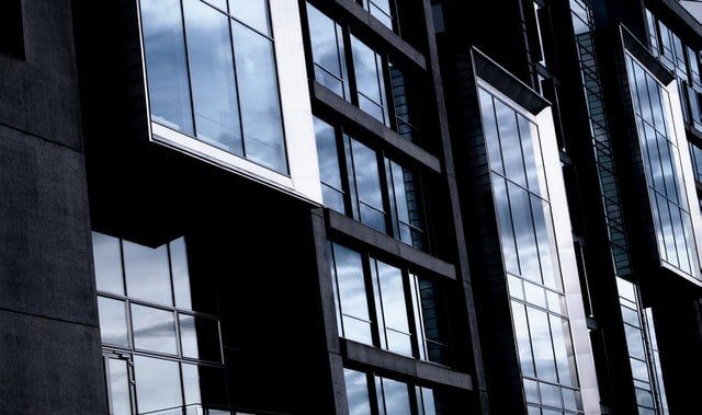 building with commercial window films fitted