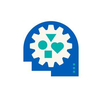 A blue head with a gear and a heart inside of it.