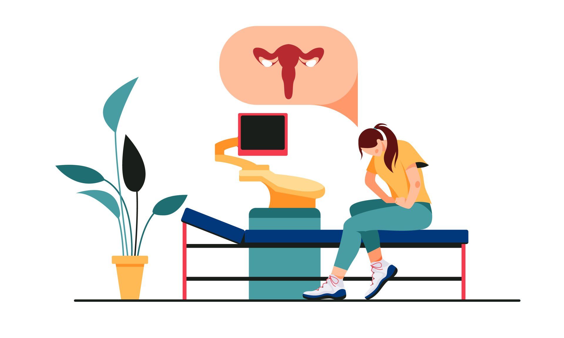 A woman is sitting on a bed with a speech bubble above her head.