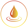 Logotipo de gota naranja y amarilla con anillo circular sobre fondo blanco