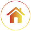 Icono de casa naranja y amarilla dentro de un contorno circular sobre un fondo blanco.