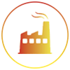 Icono de fábrica naranja con humo dentro de un borde circular.