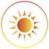 Icono de sol naranja estilizado dentro de un fino borde circular sobre un fondo blanco.