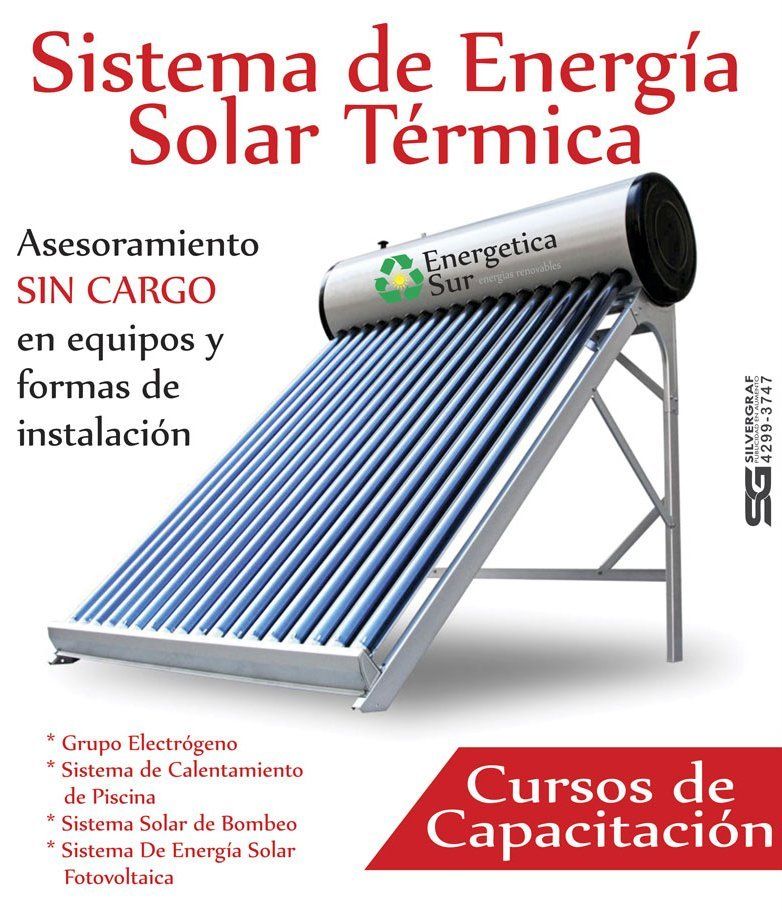 Cartel de curso sobre sistema de energía solar térmica, con panel inclinado y texto promocional.