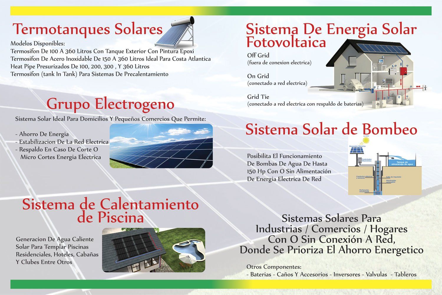 Folleto en español sobre sistemas de energía solar con diagramas de paneles, calentamiento de agua, bombas y calefacción de piscinas de una casa.