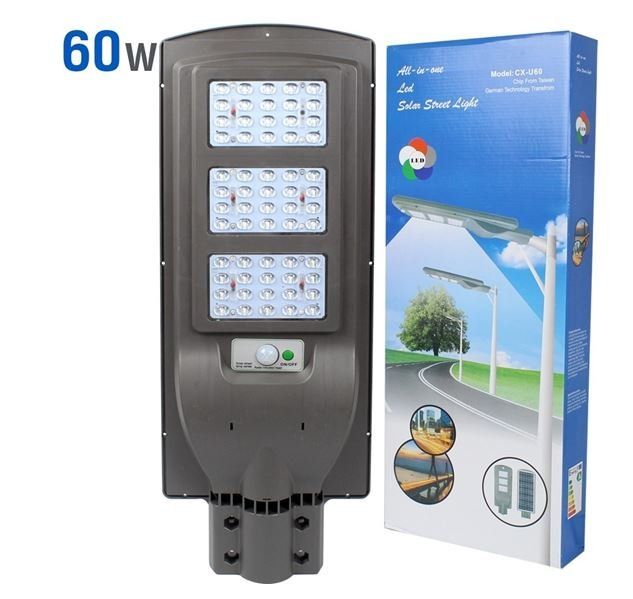 Farola LED de 60 W con caja de embalaje, mostrada en gris oscuro y azul sobre fondo blanco.