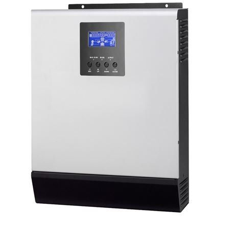 Inversor solar de pared blanco y negro con un pequeño panel de visualización azul y botones.
