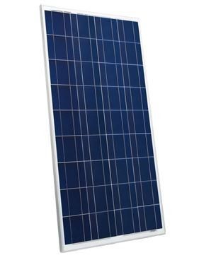 Panel solar azul con marco blanco, mostrado en ángulo sobre un fondo liso.