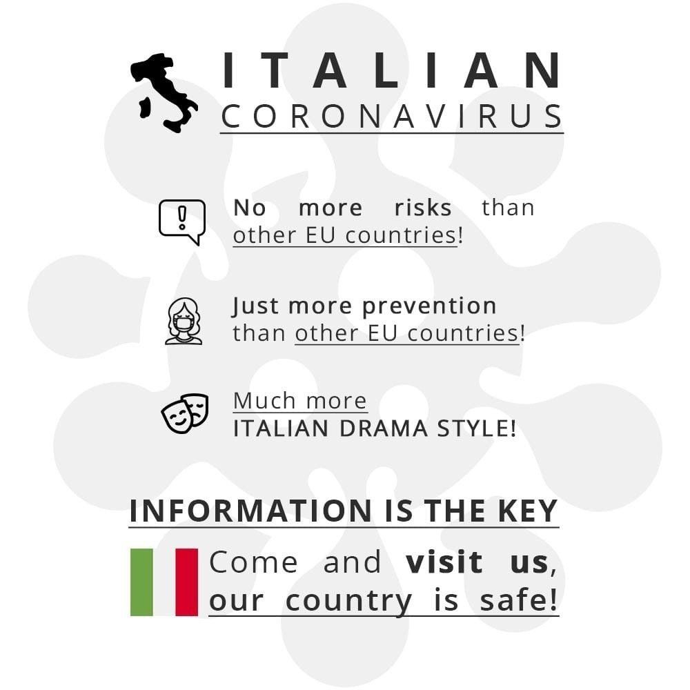 Un manifesto che dice che le informazioni sul coronavirus italiano sono la chiave, venite a trovarci, il nostro paese è sicuro