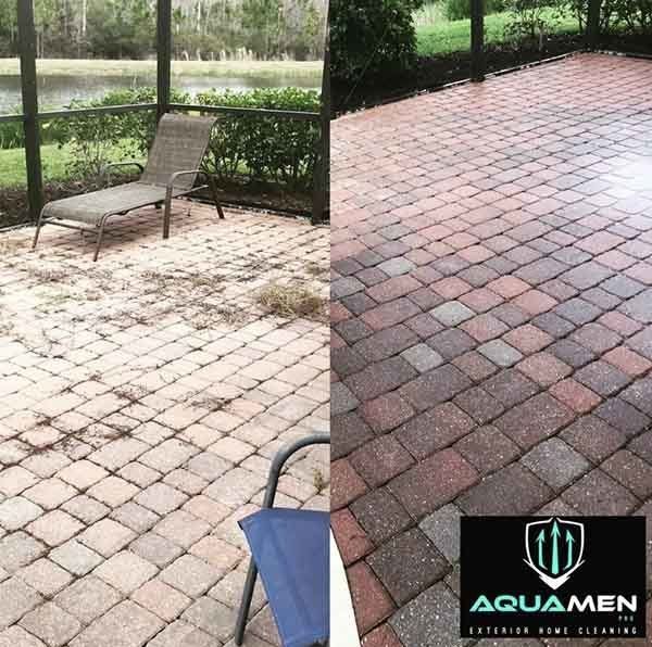 before and after pressure washing patio