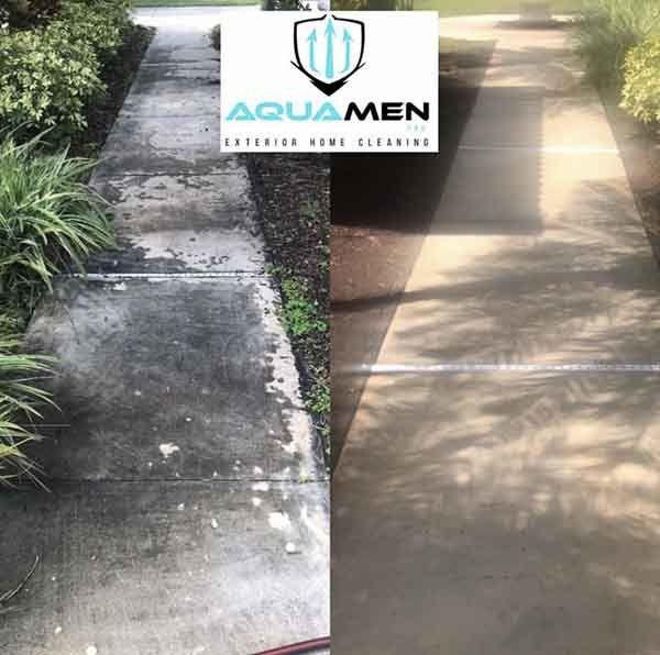 before and after pressure washing sidewalk