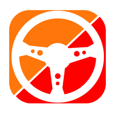 a red and orange icon with a white steering wheel