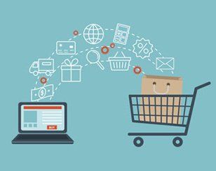 an illustration of a laptop and a shopping cart with icons coming out of it .