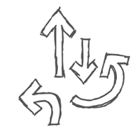 a black and white drawing of three arrows pointing in opposite directions .