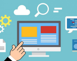 a hand is pointing at a computer screen with icons around it .
