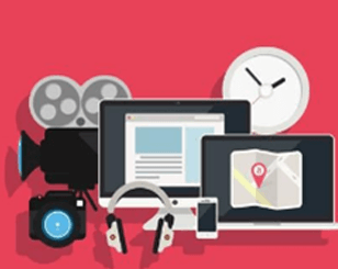 an illustration of various electronic devices including a camera and a clock