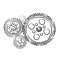 a black and white drawing of a group of gears on a white background .