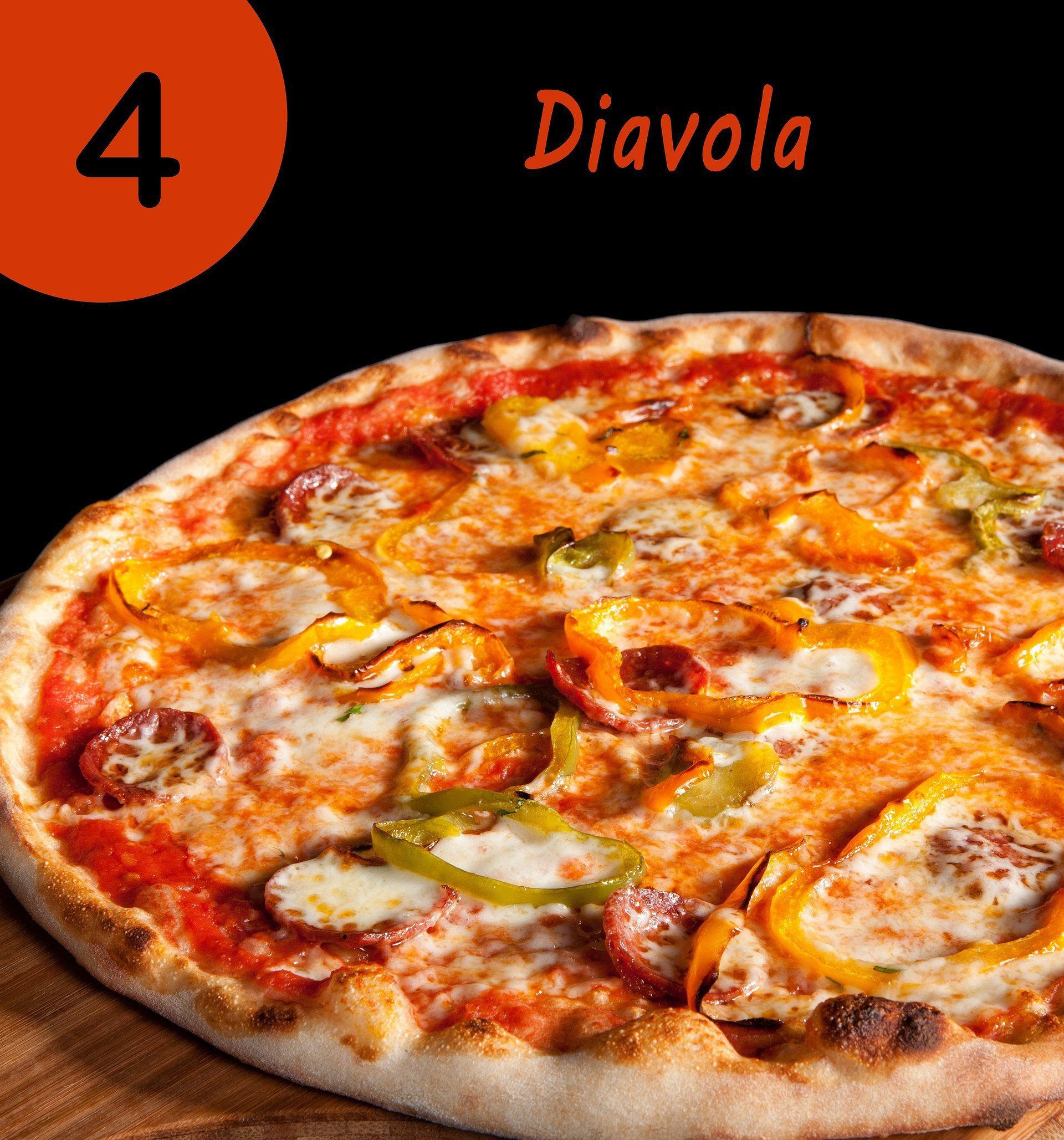 A pizza that has the number 4 on it