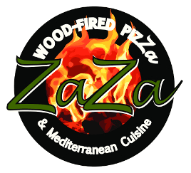 A logo for zaza wood fired pizza and mediterranean cuisine