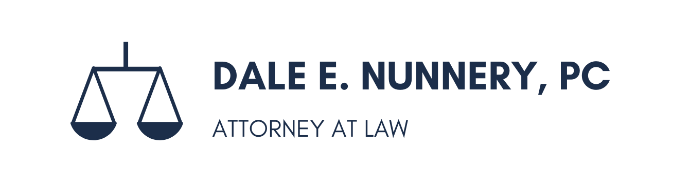 Law firm logo with blue scales icon and text “DALE E. NUNNERY, PC” and “ATTORNEY AT LAW”