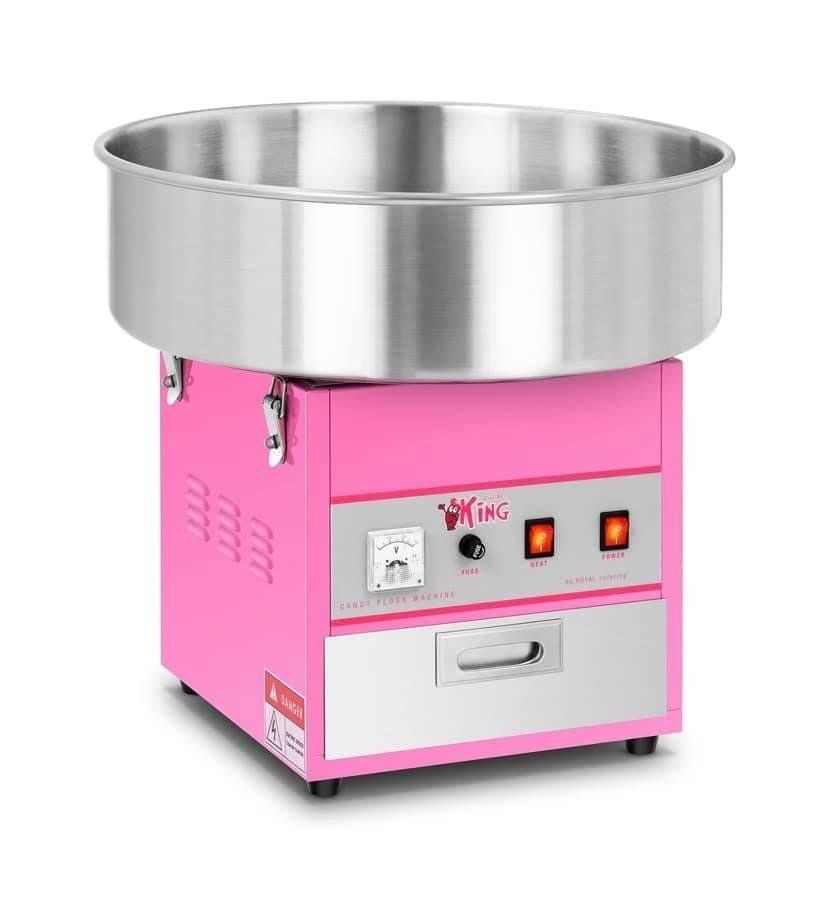 Roze suikerspinmachine met een grote roestvrijstalen kom en bedieningspaneel.
