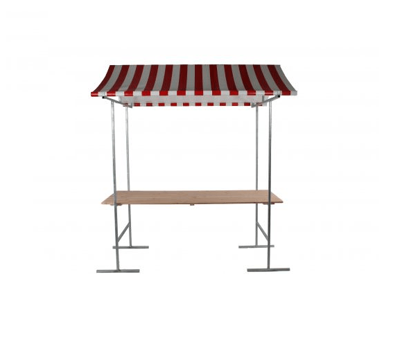 Rood-wit gestreepte marktkraam met een houten toonbank op metalen poten.
