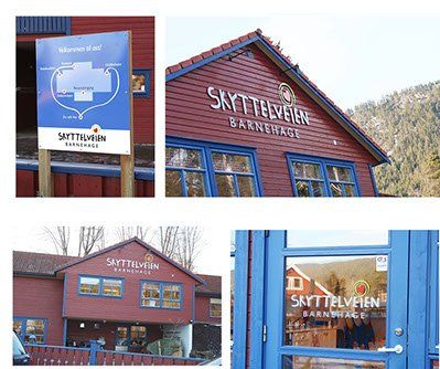 En collage av bilder av en bygning med ordet skytteveien på