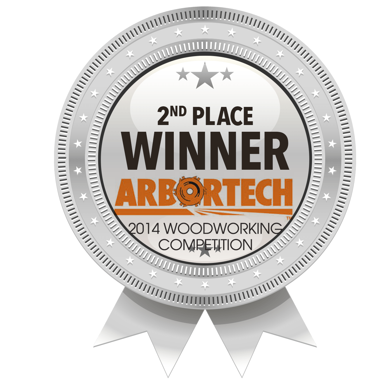 A silver badge that says 2nd place winner arbortech 2014 woodworking competition