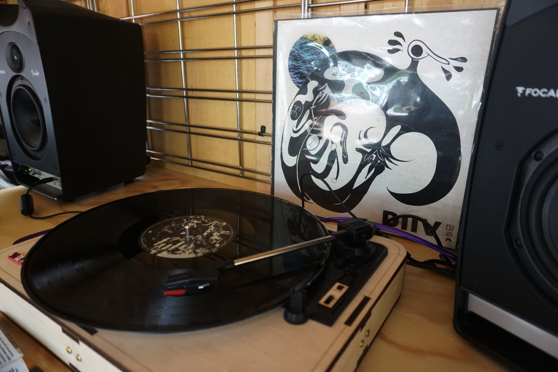 A record player is playing a record labeled pity