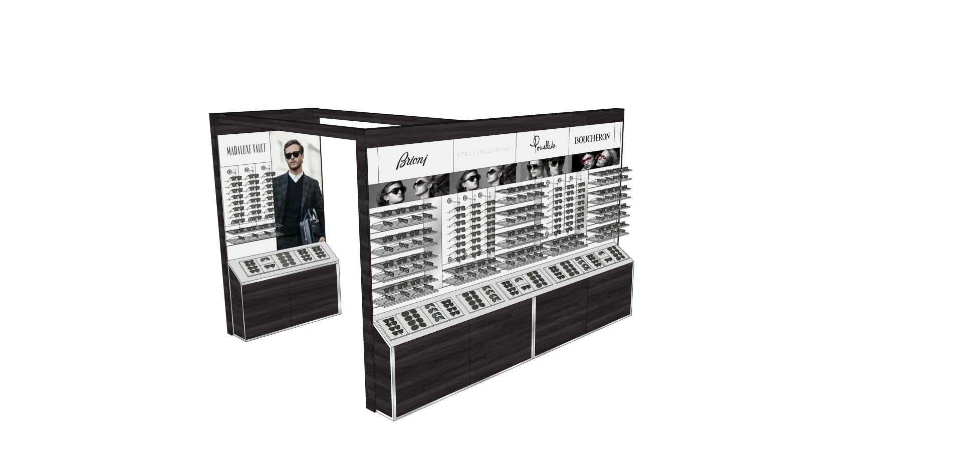 A man in a suit is standing in front of a display of sunglasses.