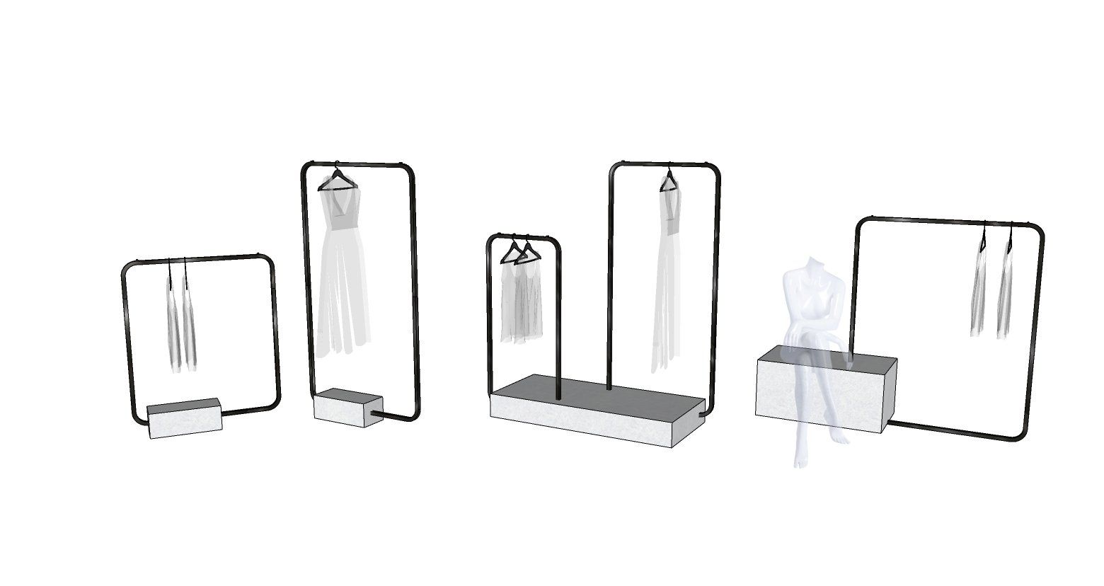 A group of clothes racks with clothes hanging on them on a white background.
